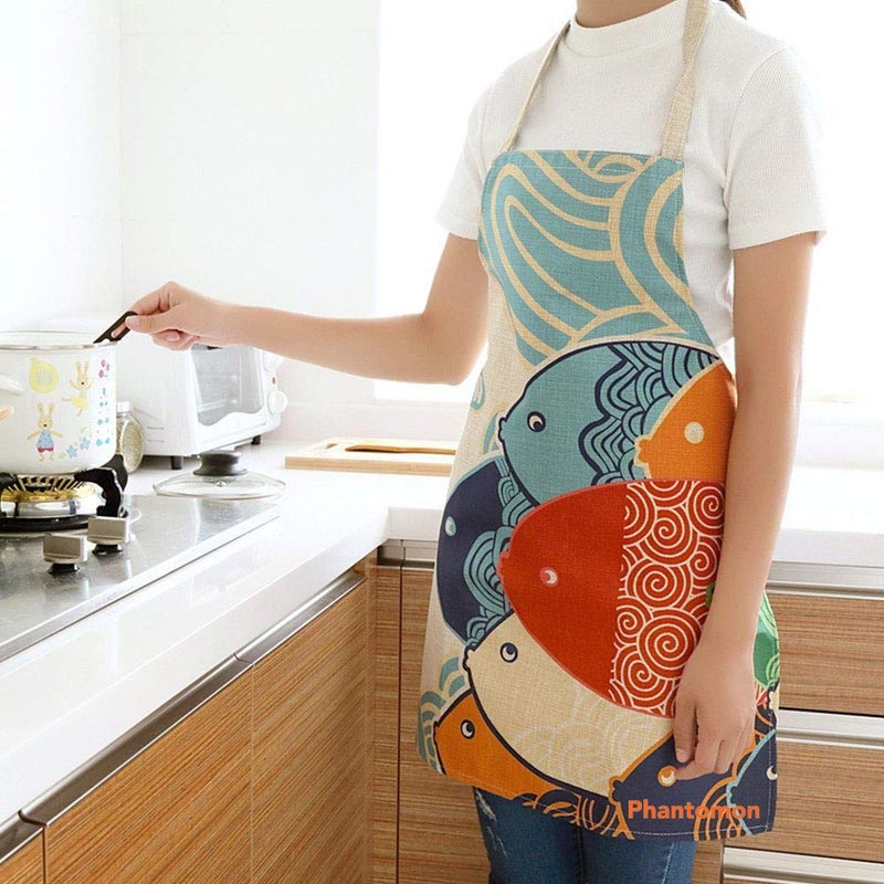 Phantomon Aprons for Women Cartoon Japanese Style Lovely Fish Print Chef Kitchen Cooking Funny Aprons (Adults) - Image 3